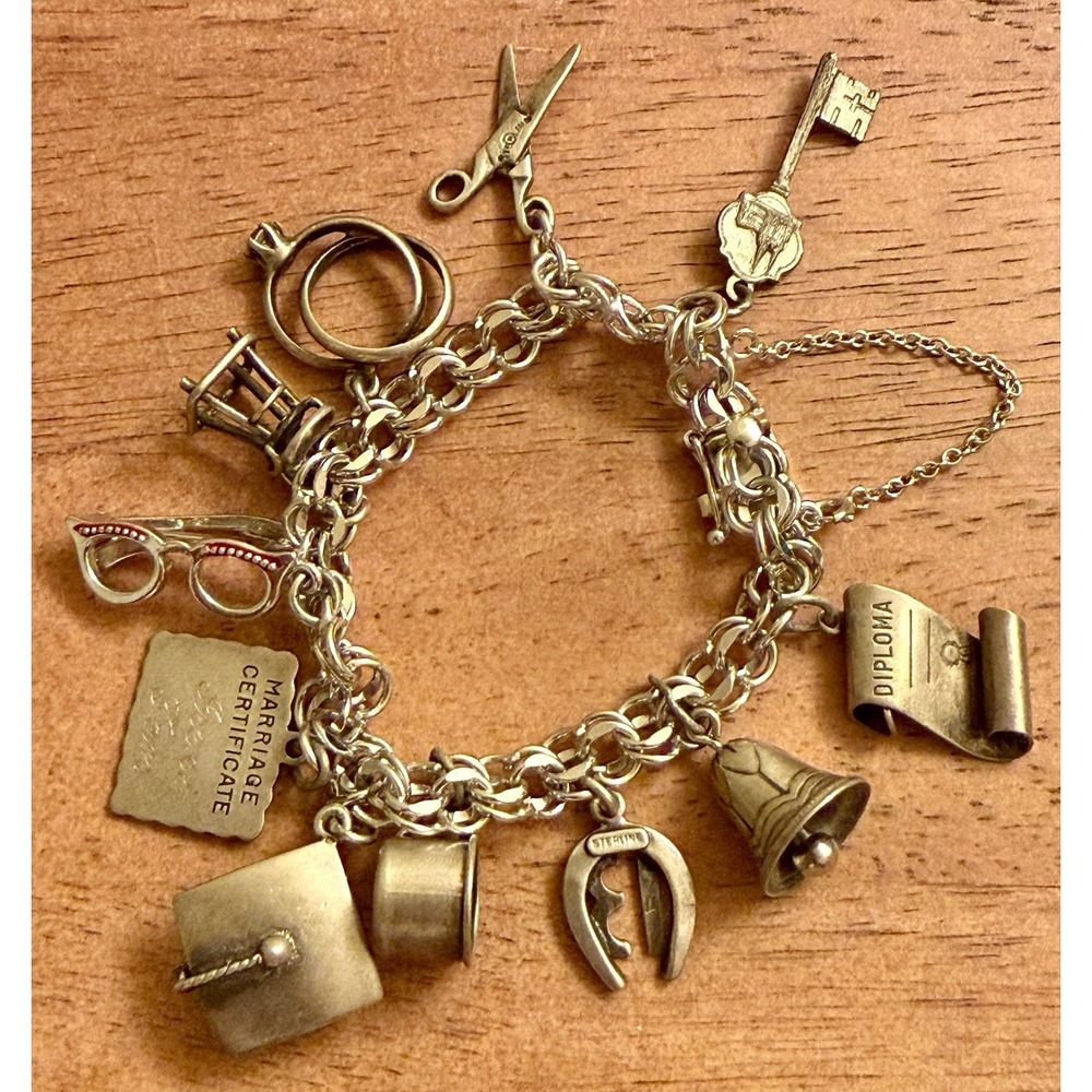 Vintage American Sterling Silver Charm Bracelet 11 Charms- Diploma,Marriage,Baby